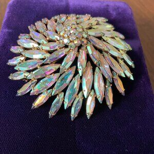 Sherman Rare Vtg Marquise Cut Crystal Doomed Starburst Aurora Borealis Brooch